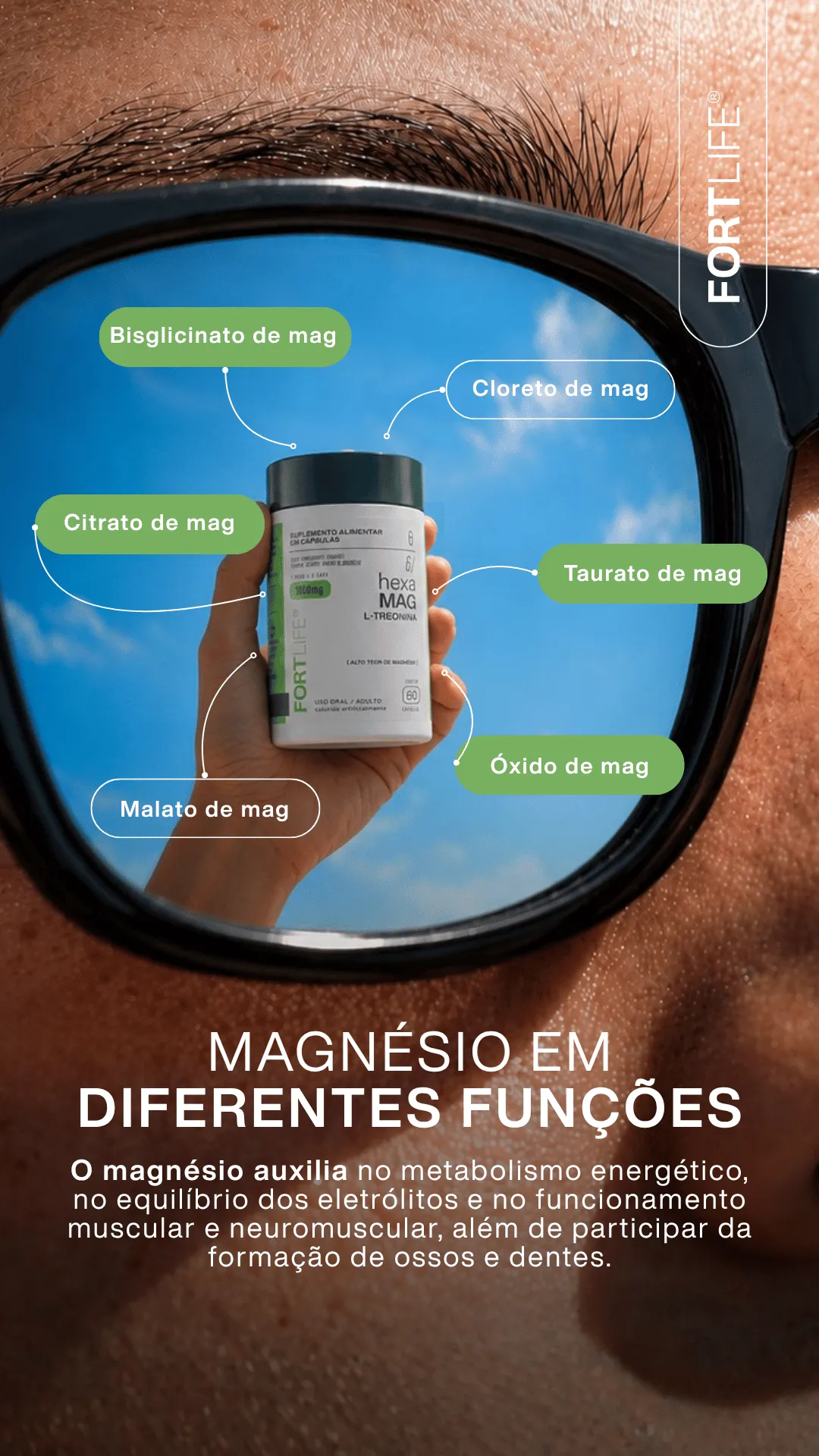 Pote de Hexa Mag refletido em óculos escuros